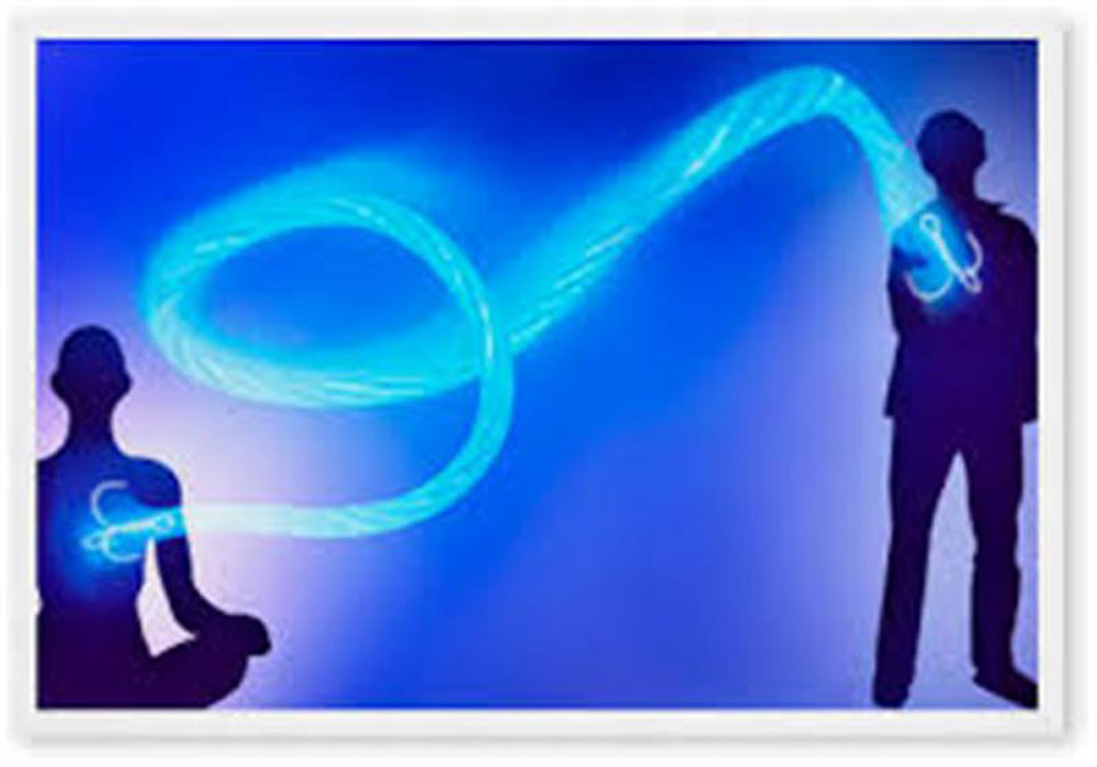 Two people with hooks in them and a swirling light that connects them-Healing treatment