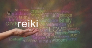 A sign with the words Reiki, Love, Intention, Wisdom on it-Healing Treatments