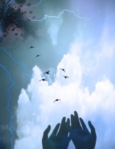 Hands reaching up to the sky as a flock of birds flay away-Women's retreat