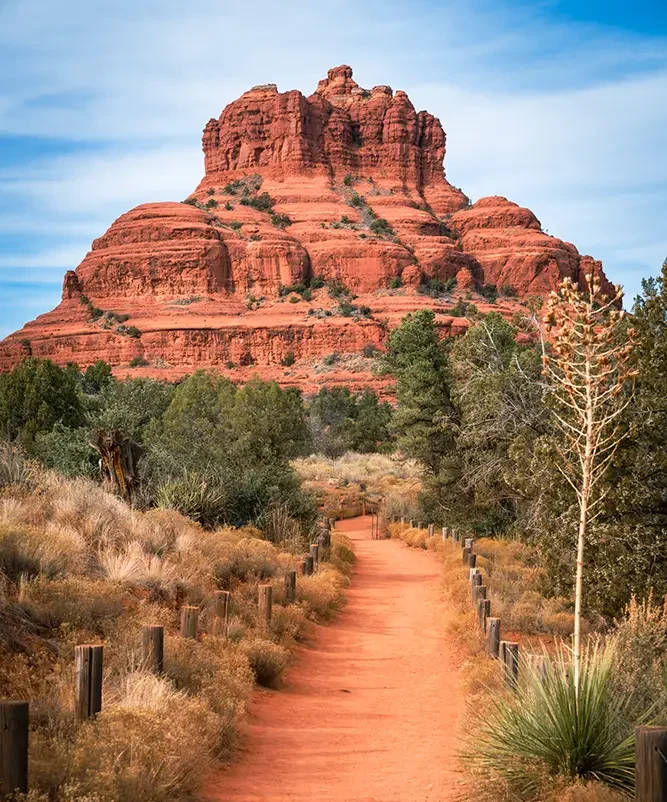 The iconic Bell Rock vortex site with a red rock hiking trail at SpiritQuest Sedona Retreats.