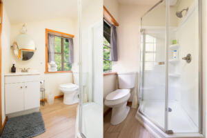 Spacious private bathroom with walk-in shower and modern amenities in the Sedona Sanctuary suite.