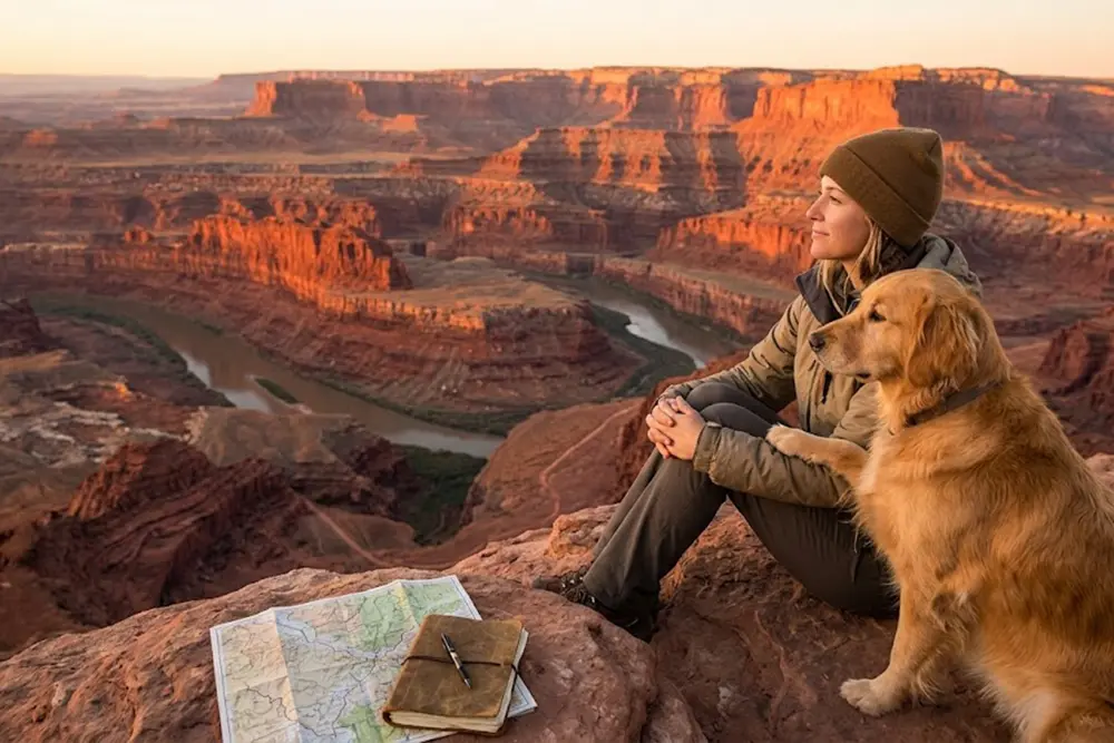 A woman and her golden retriever sitting on a red rock cliff overlooking a vast canyon at sunset, with a paper map and journal nearby, representing a tech-free digital detox in nature.