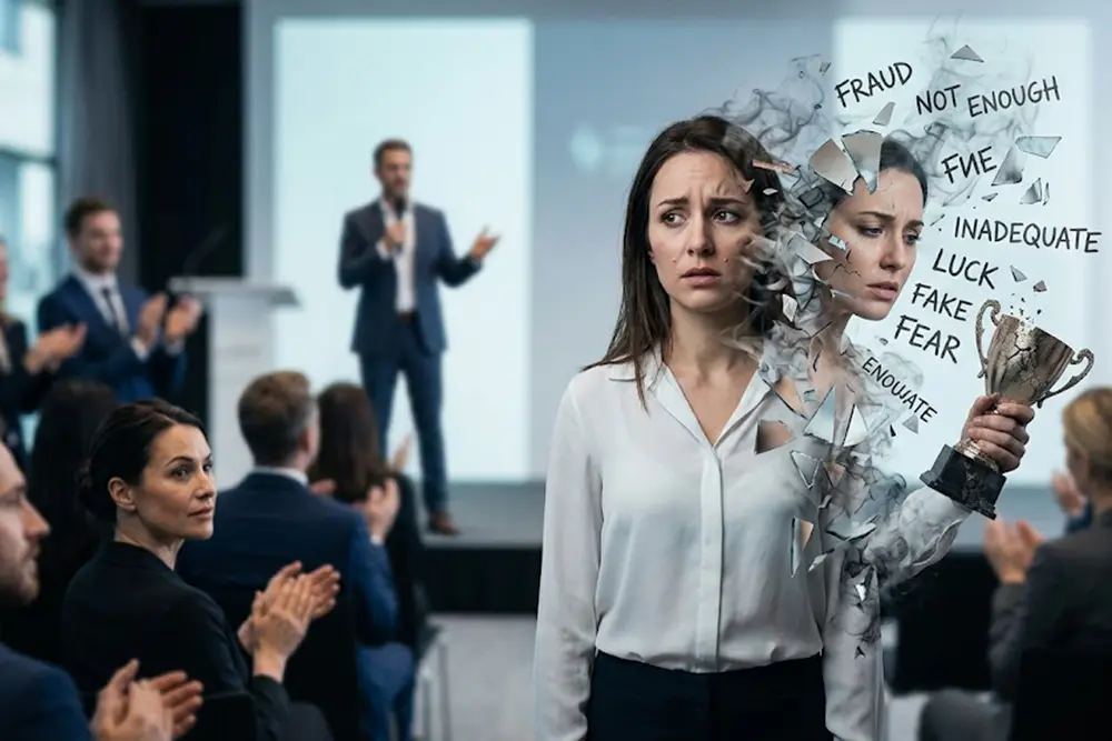 Woman standing in a professional setting looking anxious, with a fragmented mirror effect reflecting her internal self-doubt and thoughts of imposter syndrome.
