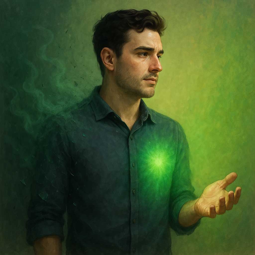 man stylized green releasing envy