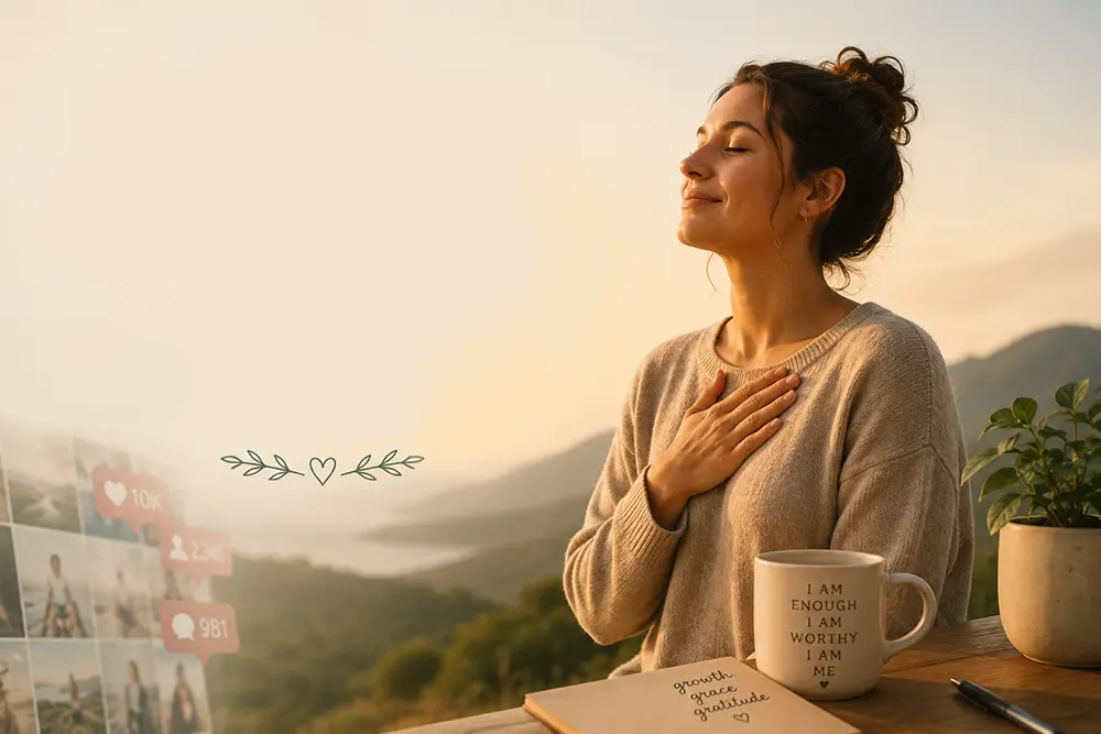 A woman experiencing a moment of inner peace and self-worth during a healing retreat, symbolizing emotional healing and self-love.