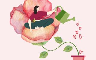 woman watering self with hearts