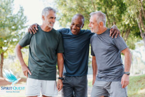 Three men smiling and embracing at a Men's Group Retreat in Sedona