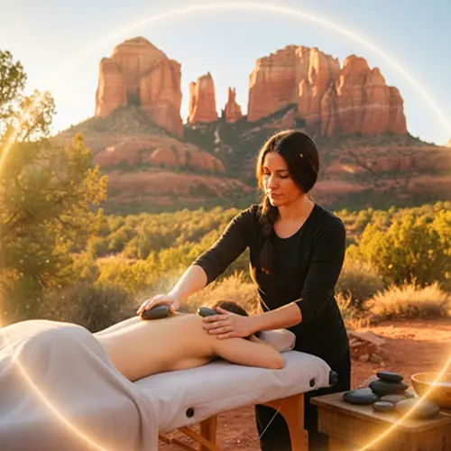 A woman on a massage table receiving hot stone therapy with Sedona red rocks in the background