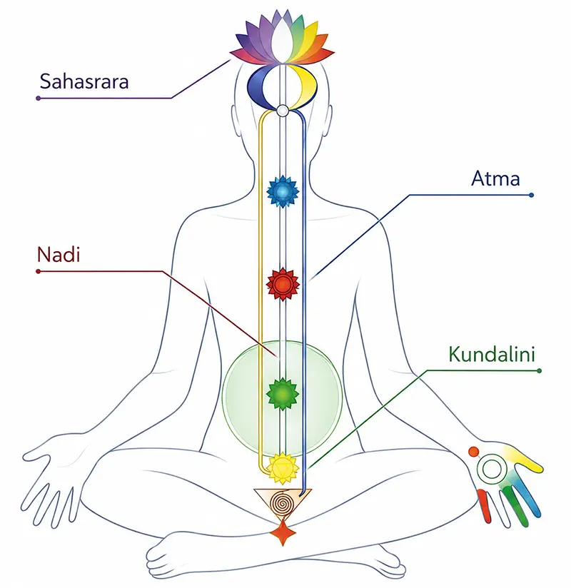 A diagram illustrating the human body's energy system, showing the central Sushumna channel, the Ida and Pingala nadis intertwined, and the seven chakras aligned along the spine, demonstrating the flow of energy used in Nadi Shodhana breathing.